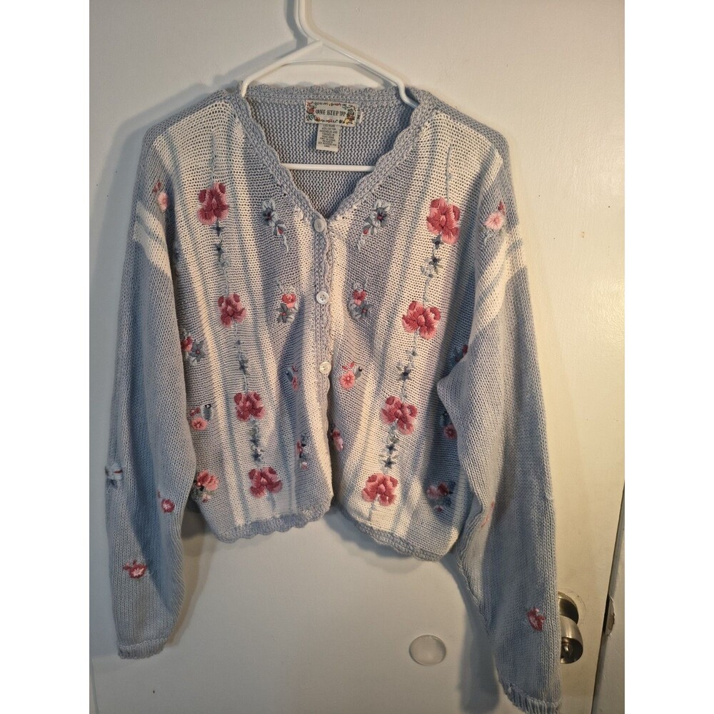 Vintage One Step Up Cardigan Sweater Medium Blue Floral Embroidered Cottagecore